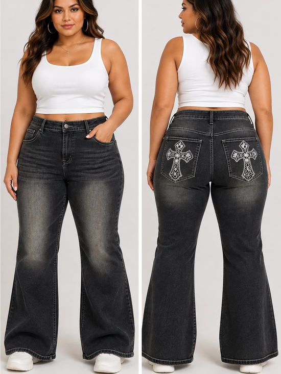 ROMWE Denim - ROMWE Washed Jeans Size 4X Black Gray Embellished Cross Back Pockets